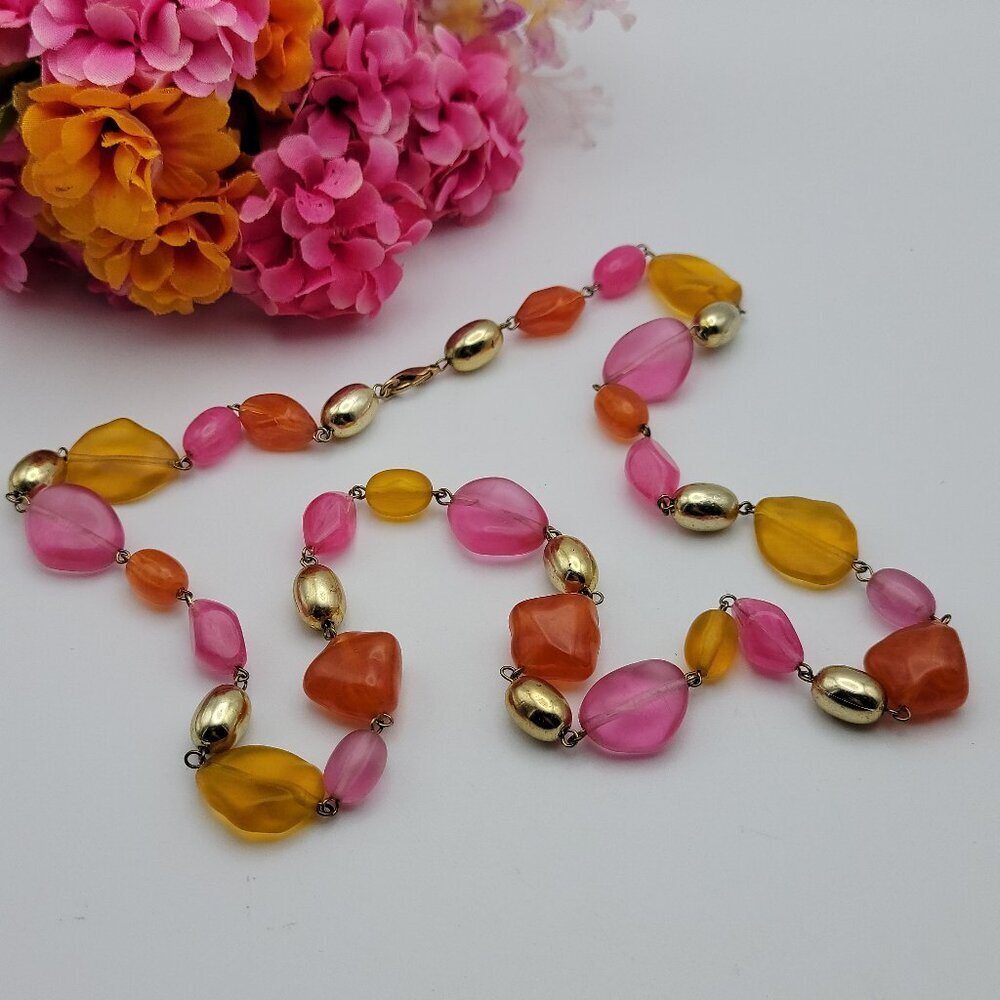 Vintage Lucite Coloful Beaded Necklace Fruit Salad Gold Tone 31 Inch
